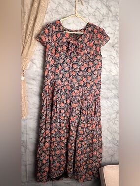 Nostalgia Sailor Collar Coral Teal Navy Floral Retro Pleats Long Dress S Buttons